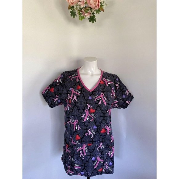 ScrubStar Pink Ribbon Scrub Top Women‎ Medium - Picture 2 of 10